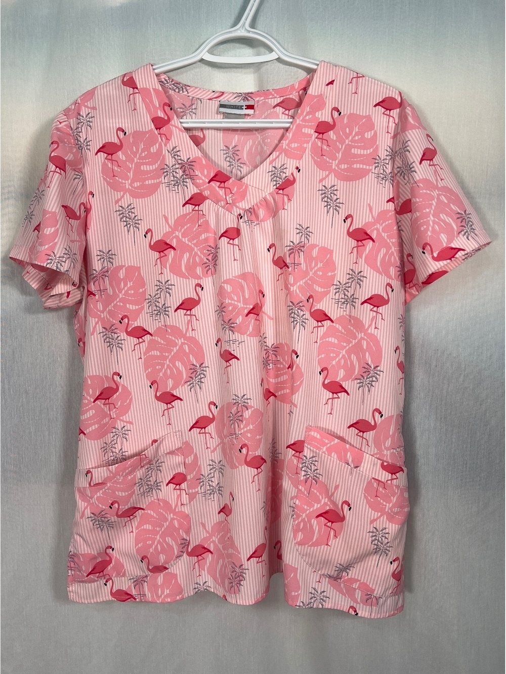 White Cross Pink Flamingo Print V-Neck Scrub Top Women's XL